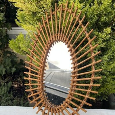 Miroir rotin osier soleil décoratif 1950